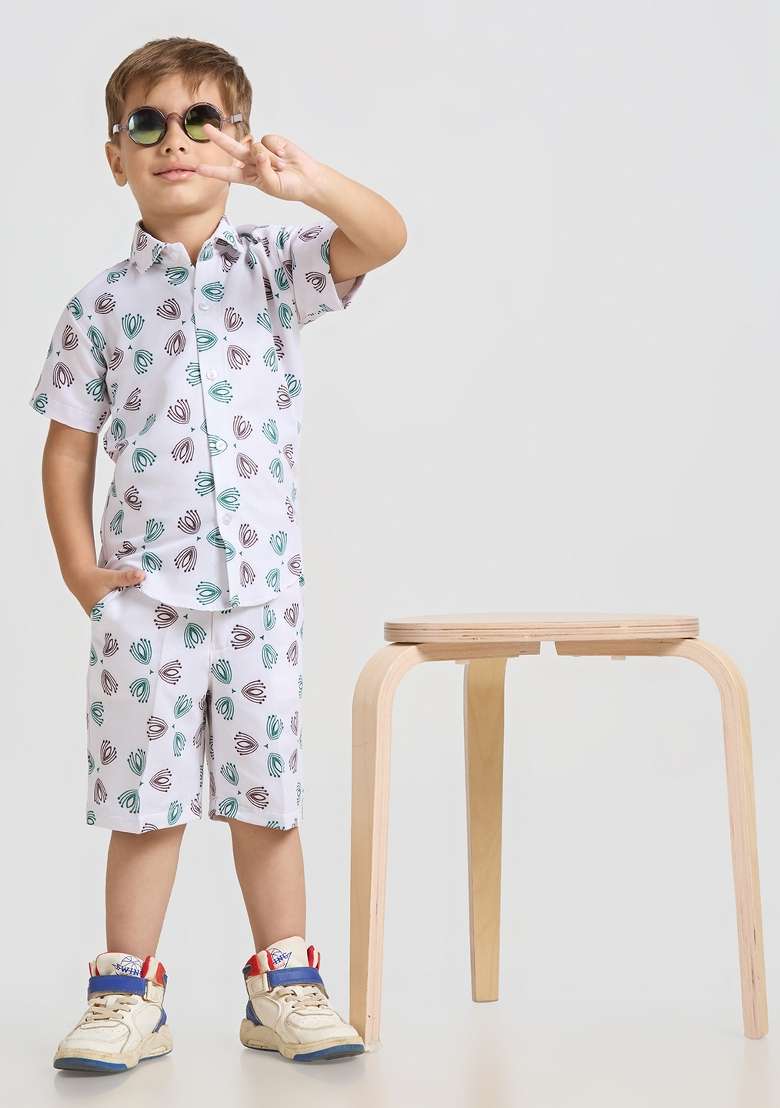 White Printed Lycra Kurta Set For Boy - Indya