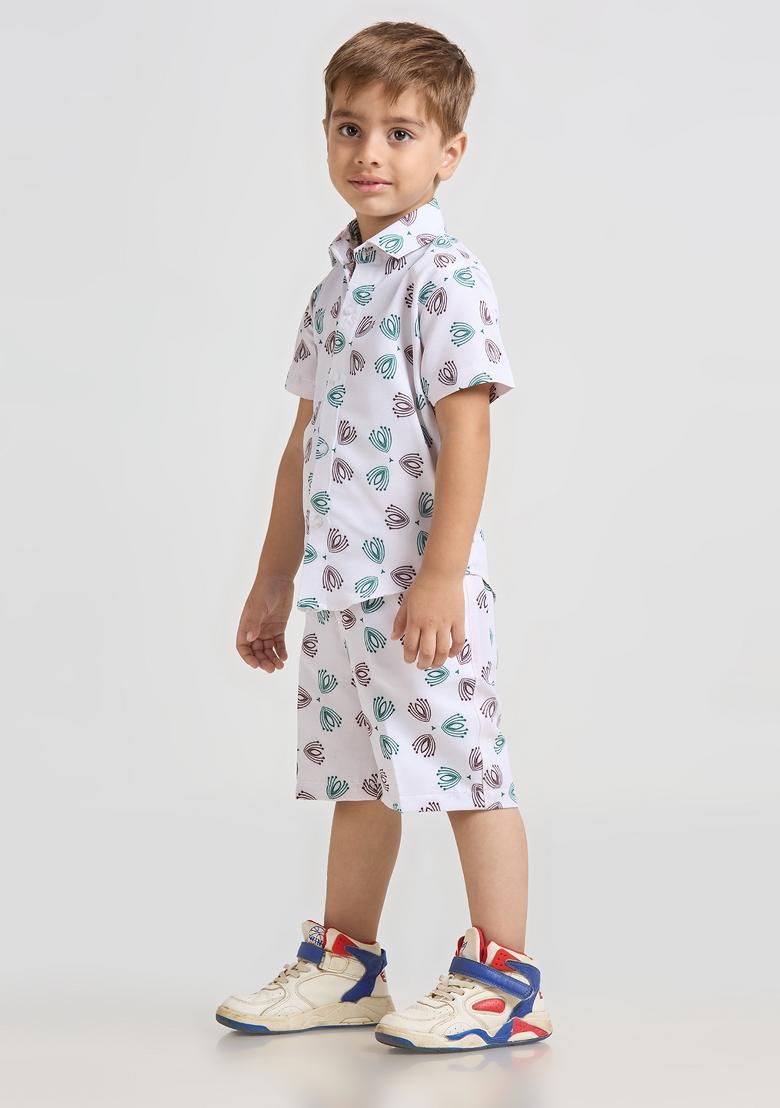 White Printed Lycra Kurta Set For Boy