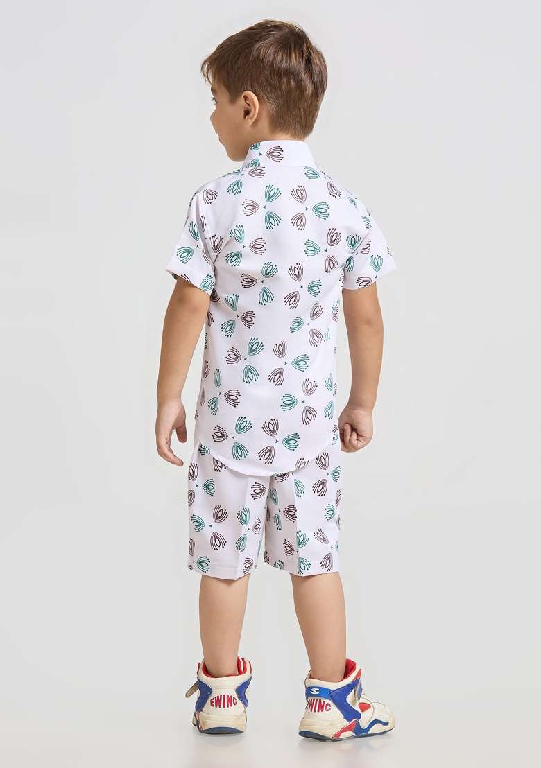 White Printed Lycra Kurta Set For Boy - Indya