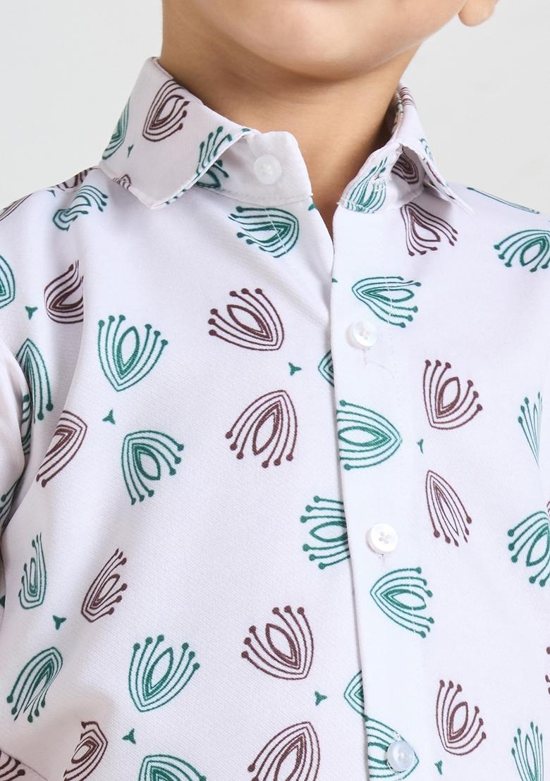 White Printed Lycra Kurta Set For Boy