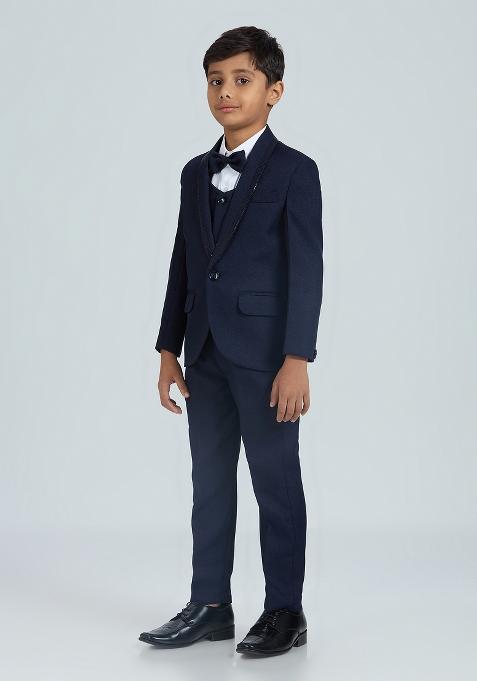 Navy Blue Tikali Work Poly Cotton Suit Set For Boy