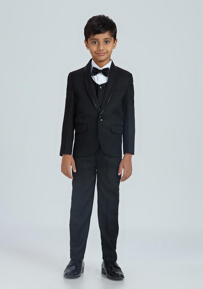 Black Tikali Work Poly Cotton Suit Set For Boy