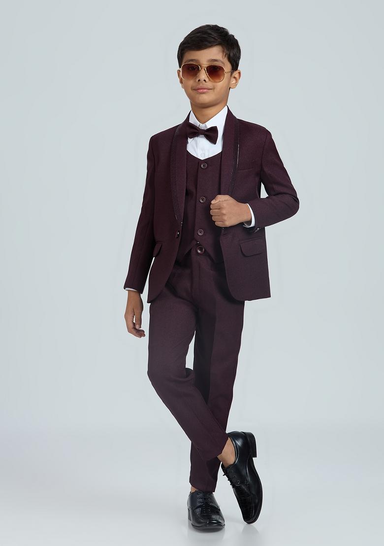 Wine Tikali Work Poly Cotton Suit Set For Boy