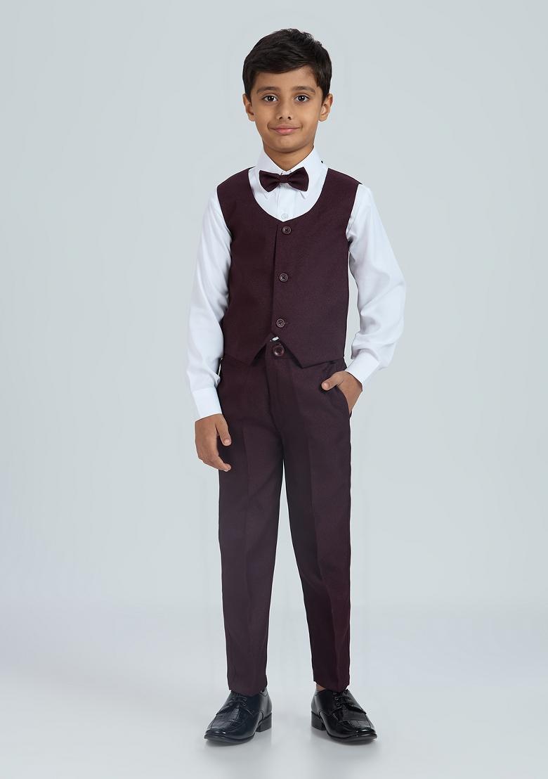 Wine Tikali Work Poly Cotton Suit Set For Boy