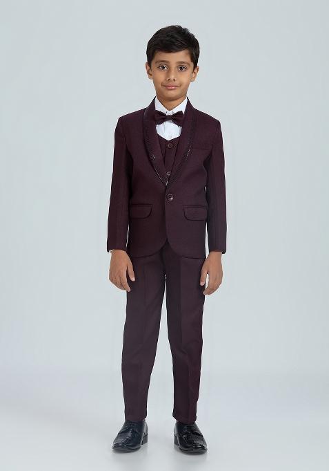 Wine Tikali Work Poly Cotton Suit Set For Boy