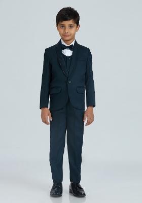 Teal Blue Tikali Work Poly Cotton Suit Set For Boy