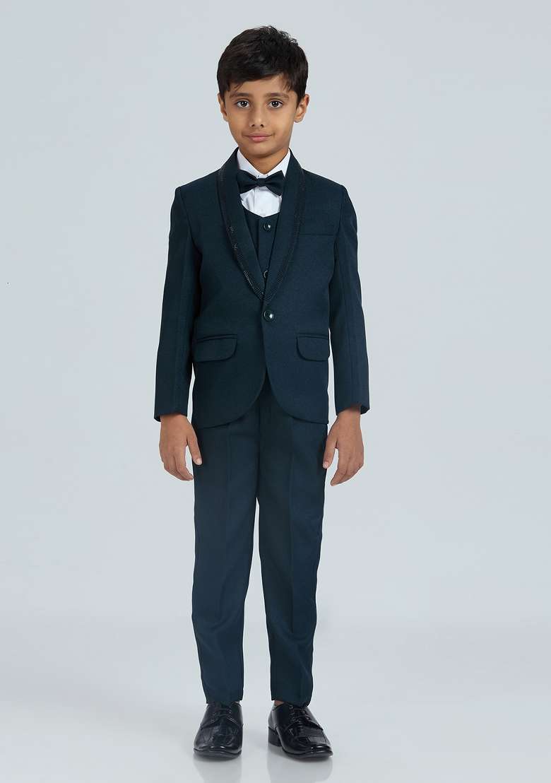 Teal Blue Tikali Work Poly Cotton Suit Set For Boy - Indya