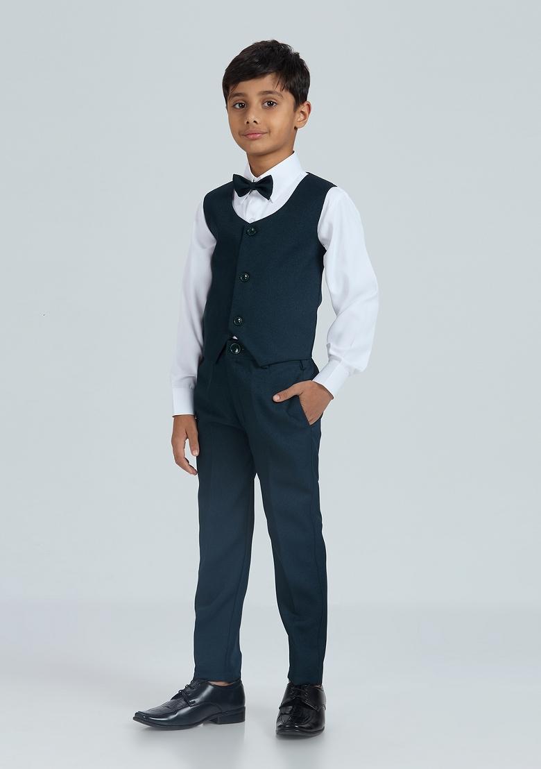 Teal Blue Tikali Work Poly Cotton Suit Set For Boy