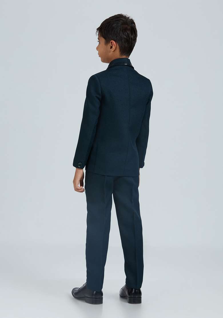 Teal Blue Tikali Work Poly Cotton Suit Set For Boy - Indya