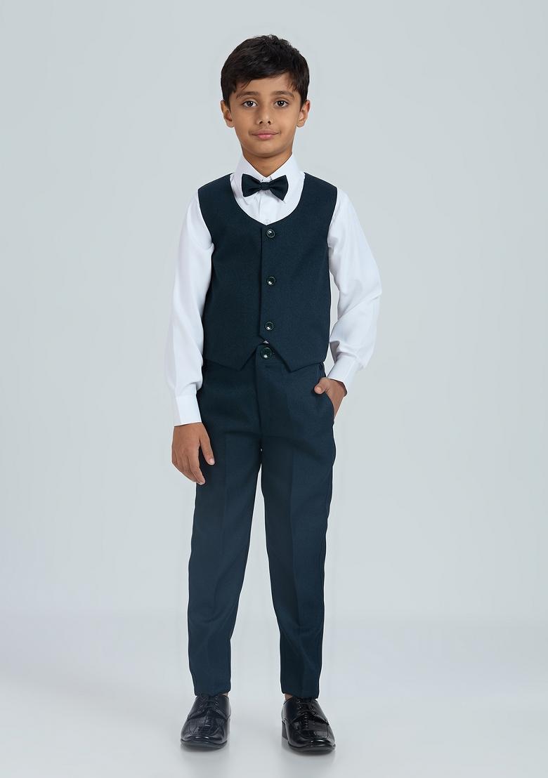 Teal Blue Tikali Work Poly Cotton Suit Set For Boy