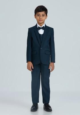 Teal Blue Solid Poly Cotton Suit Set For Boy