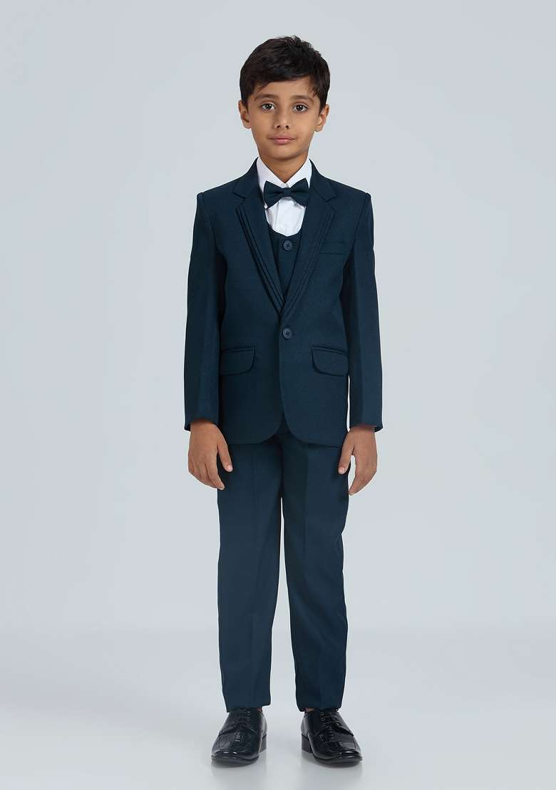 Teal Blue Solid Poly Cotton Suit Set For Boy - Indya