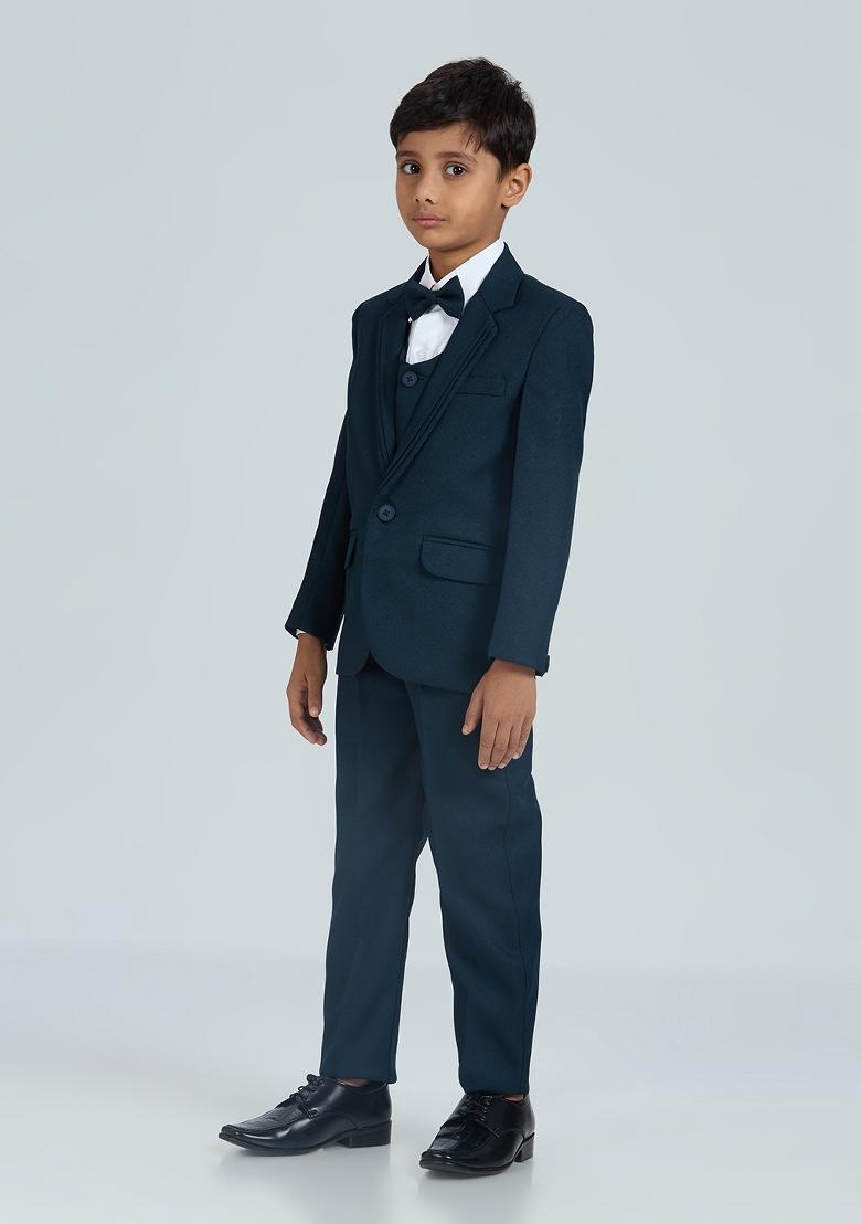 Teal Blue Solid Poly Cotton Suit Set For Boy