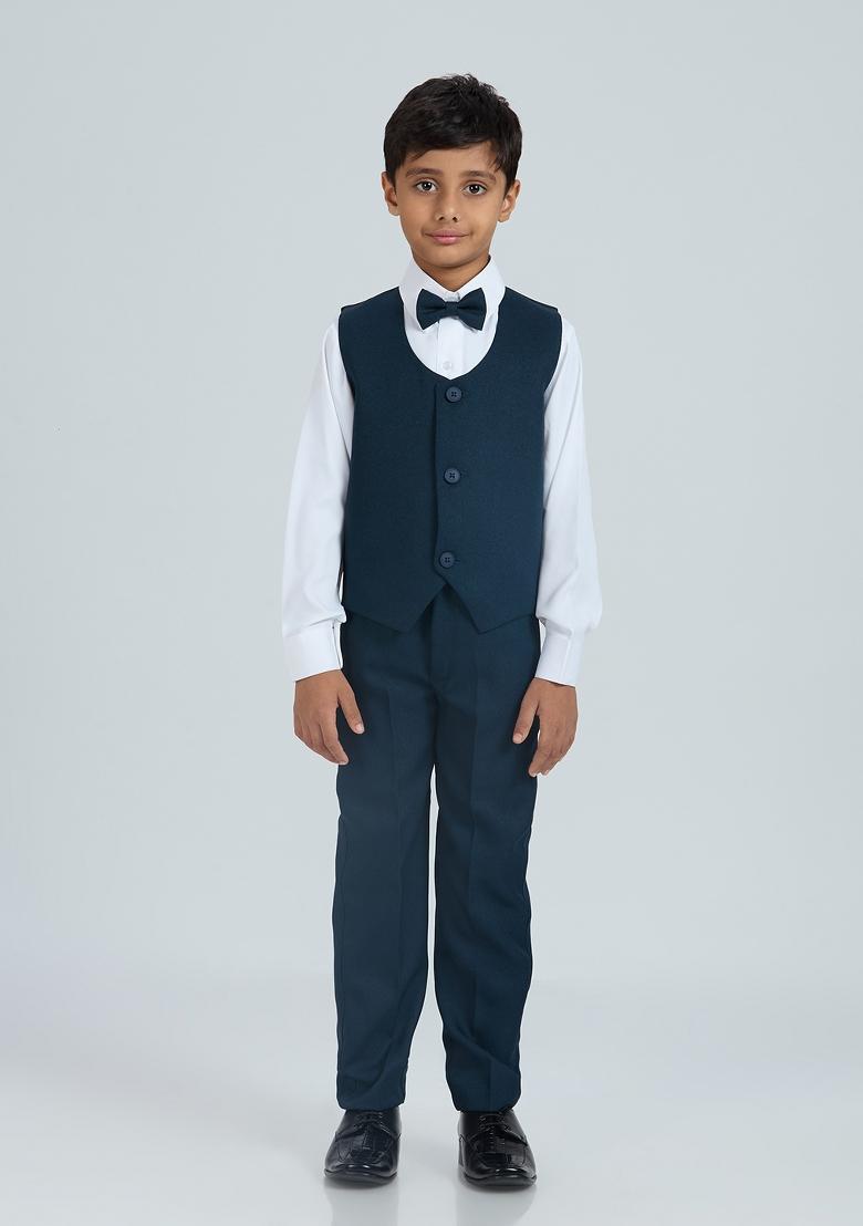 Teal Blue Solid Poly Cotton Suit Set For Boy