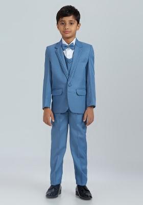 Blue Solid Poly Cotton Suit Set For Boy