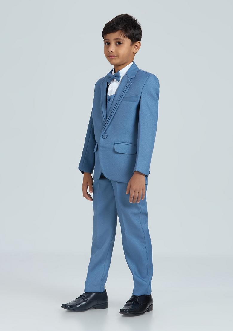 Blue Solid Poly Cotton Suit Set For Boy