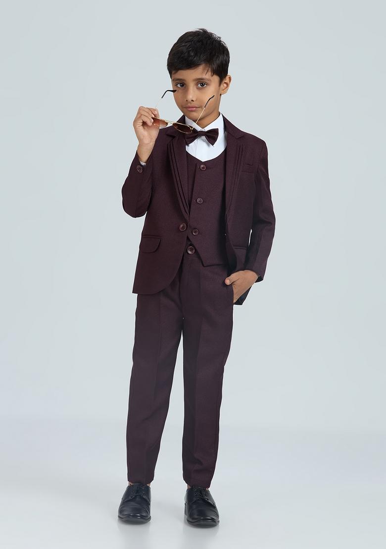 Wine Solid Poly Cotton Suit Set For Boy