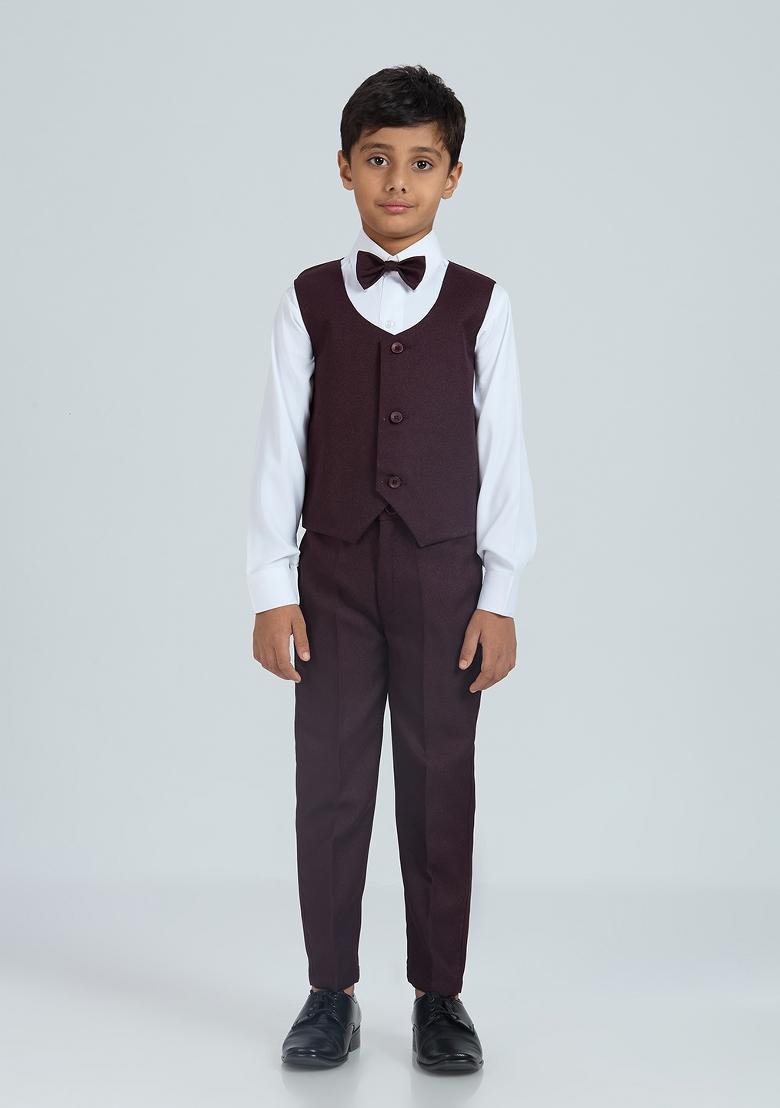 Wine Solid Poly Cotton Suit Set For Boy