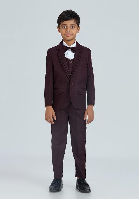 Wine Solid Poly Cotton Suit Set For Boy