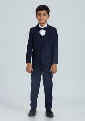 Navy Blue Solid Poly Cotton Suit Set For Boy