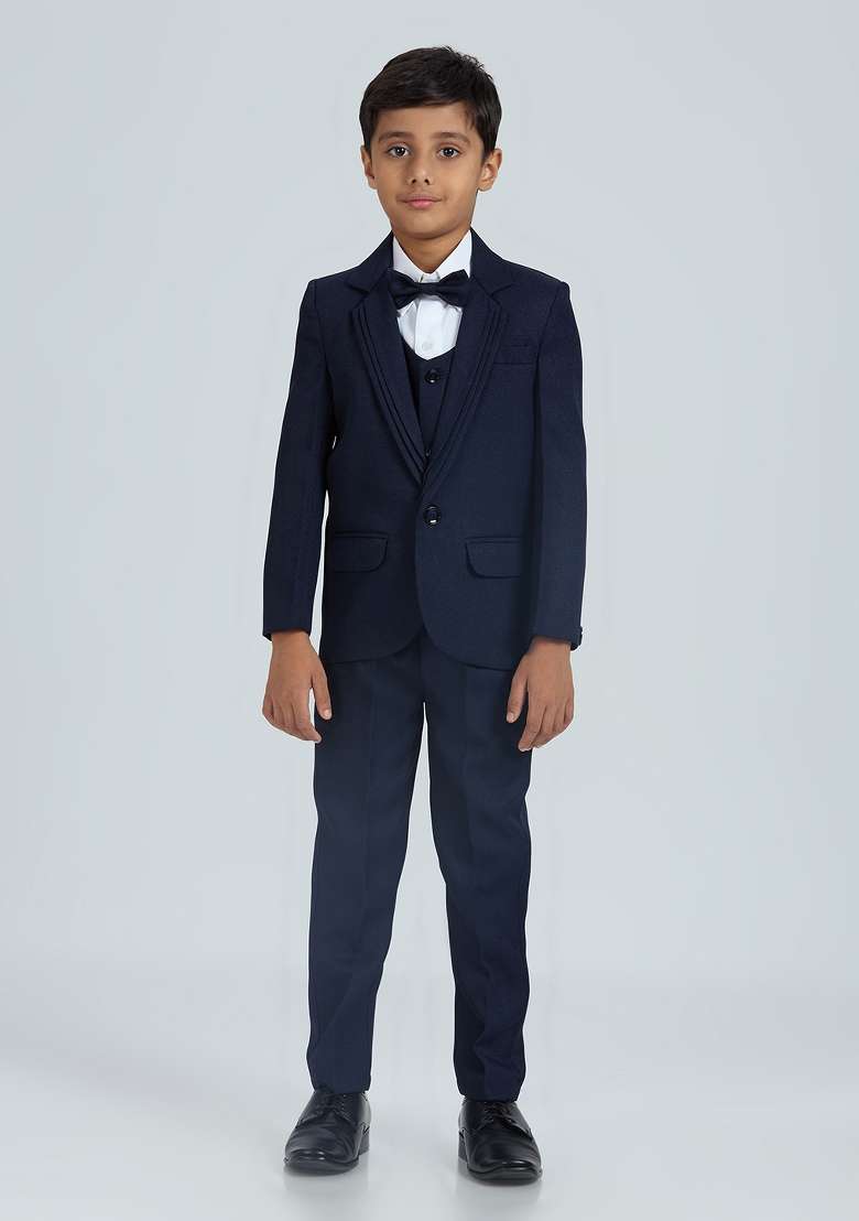 Navy Blue Solid Poly Cotton Suit Set For Boy - Indya