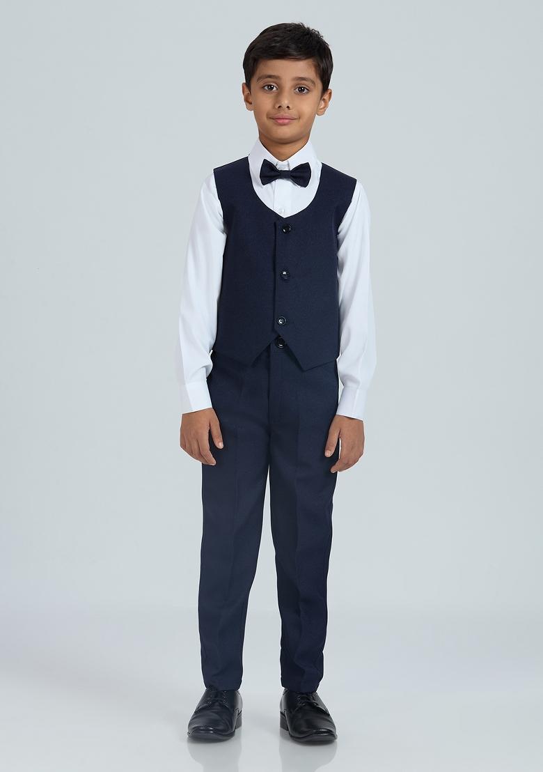 Navy Blue Solid Poly Cotton Suit Set For Boy