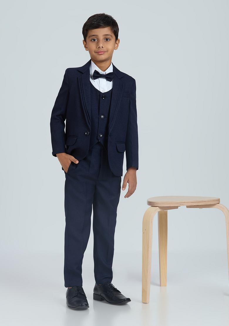 Navy Blue Solid Poly Cotton Suit Set For Boy