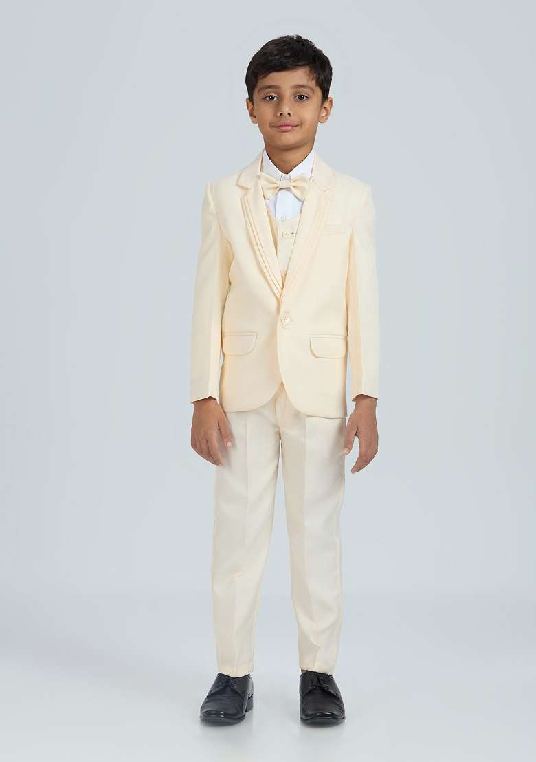 Cream Solid Poly Cotton Suit Set For Boy - Indya