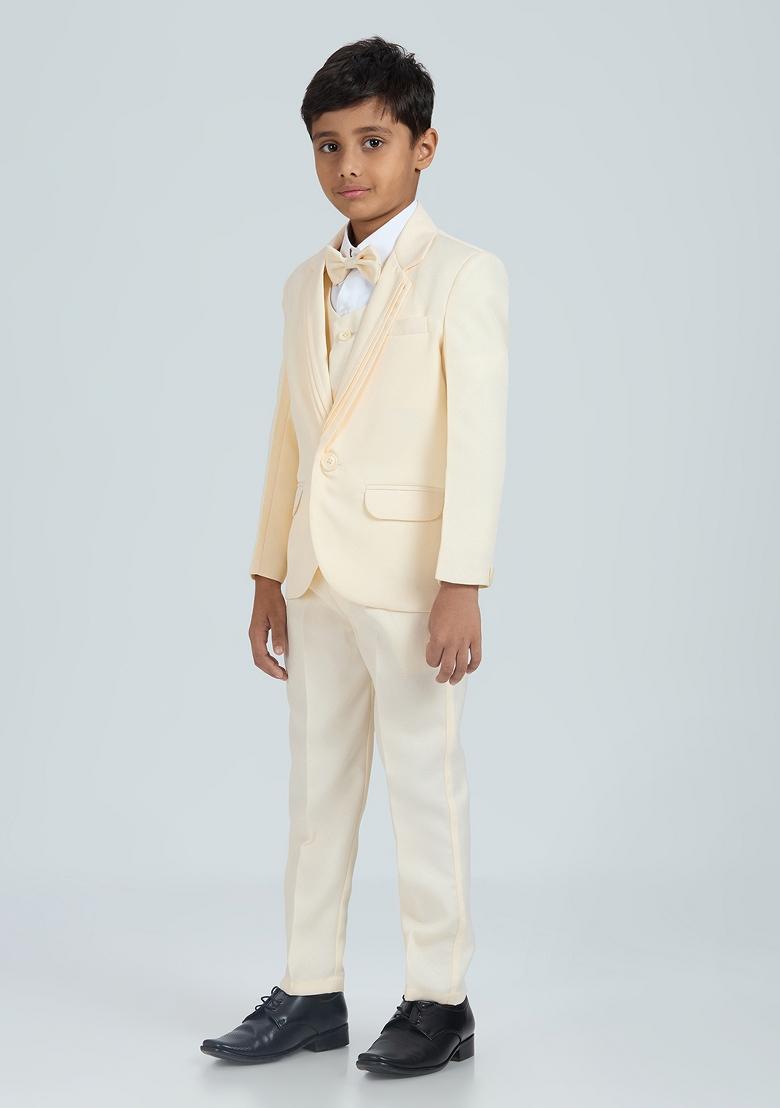 Cream Solid Poly Cotton Suit Set For Boy