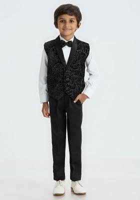 Black Embroidered Poly Cotton Nehru Jacket Set For Boy