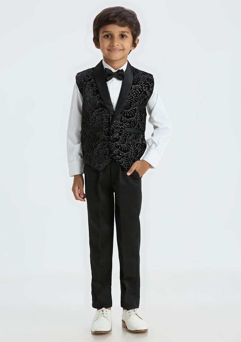 Black Embroidered Poly Cotton Nehru Jacket Set For Boy