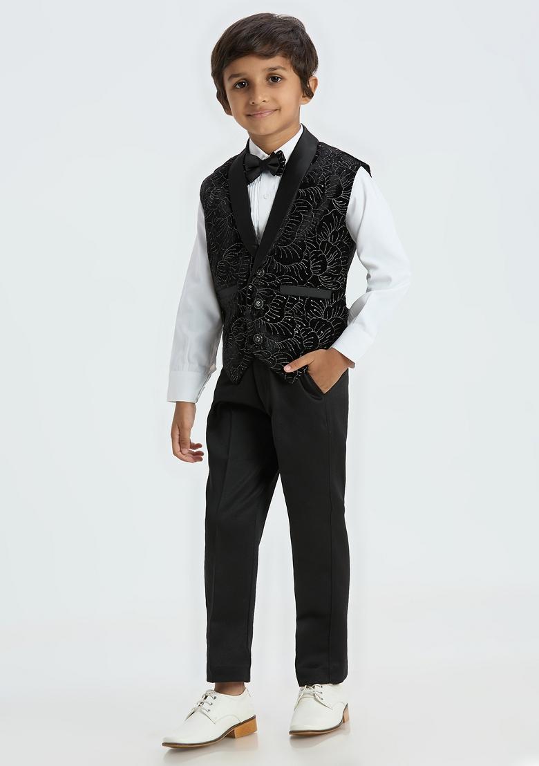 Black Embroidered Poly Cotton Nehru Jacket Set For Boy