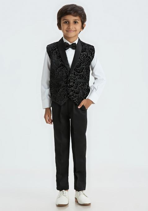 Black Embroidered Poly Cotton Nehru Jacket Set For Boy
