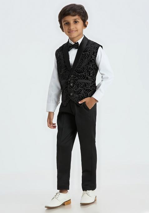 Black Embroidered Poly Cotton Nehru Jacket Set For Boy