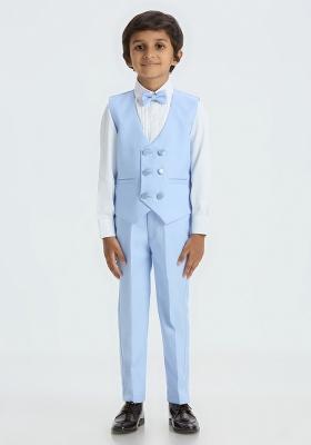 Sky Blue Solid Poly Cotton Nehru Jacket Set For Boy