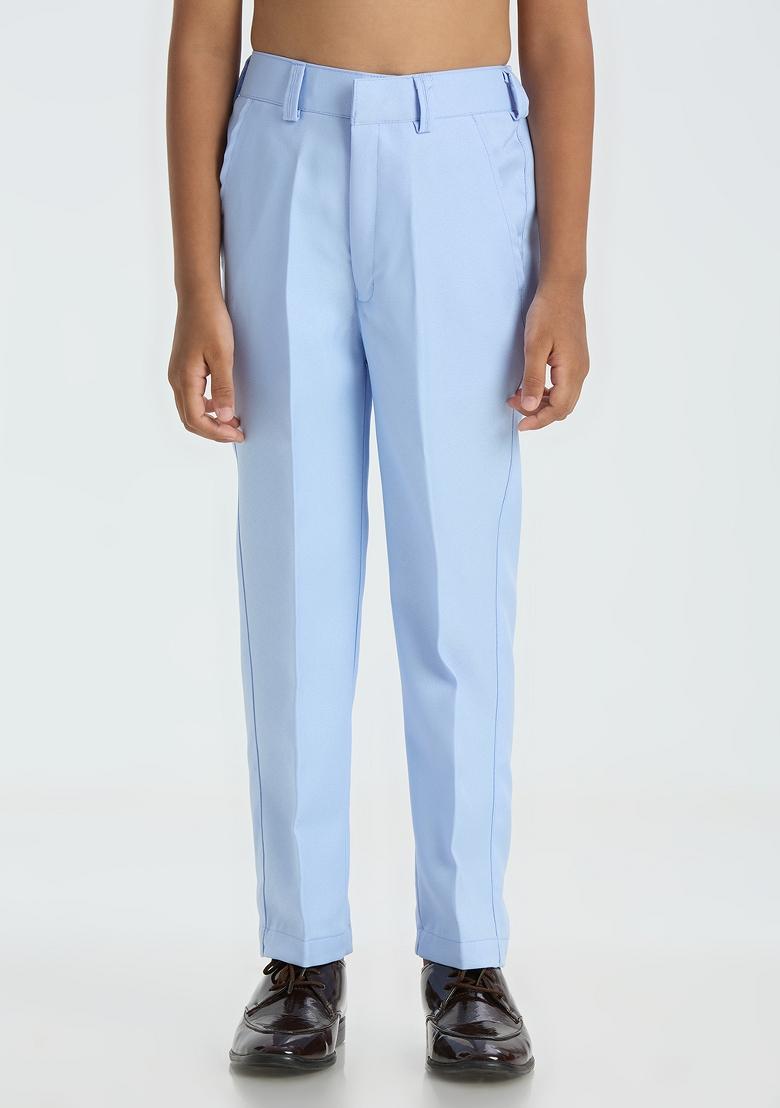 Sky Blue Solid Poly Cotton Nehru Jacket Set For Boy