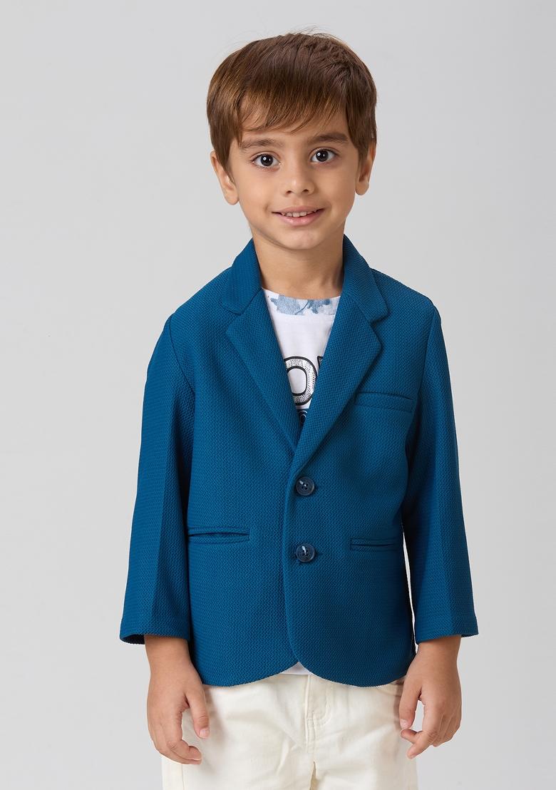 Navy Blue Printed Lycra Suit Set For Boy