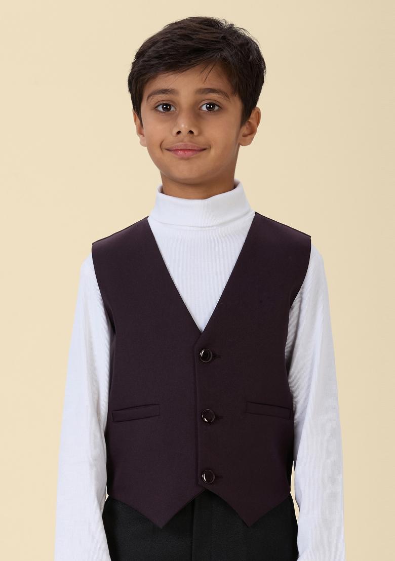 Wine Solid Poly Cotton Blazer For Boy