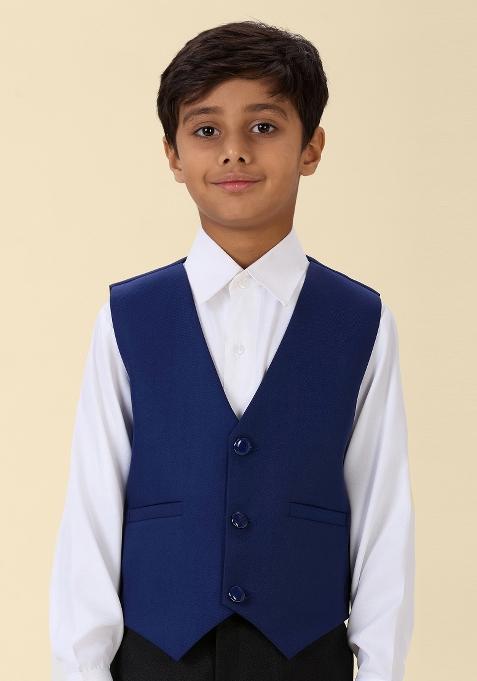 Royal Blue Solid Poly Cotton Blazer For Boy