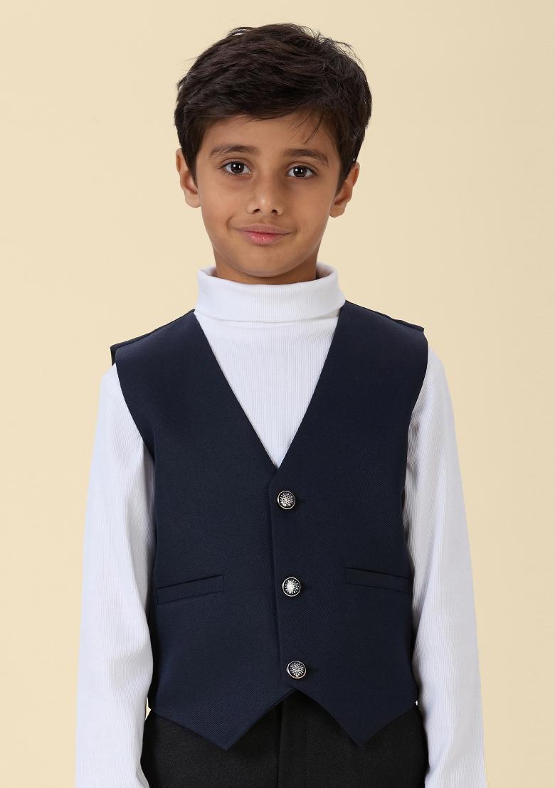 Navy Blue Solid Poly Cotton Blazer For Boy
