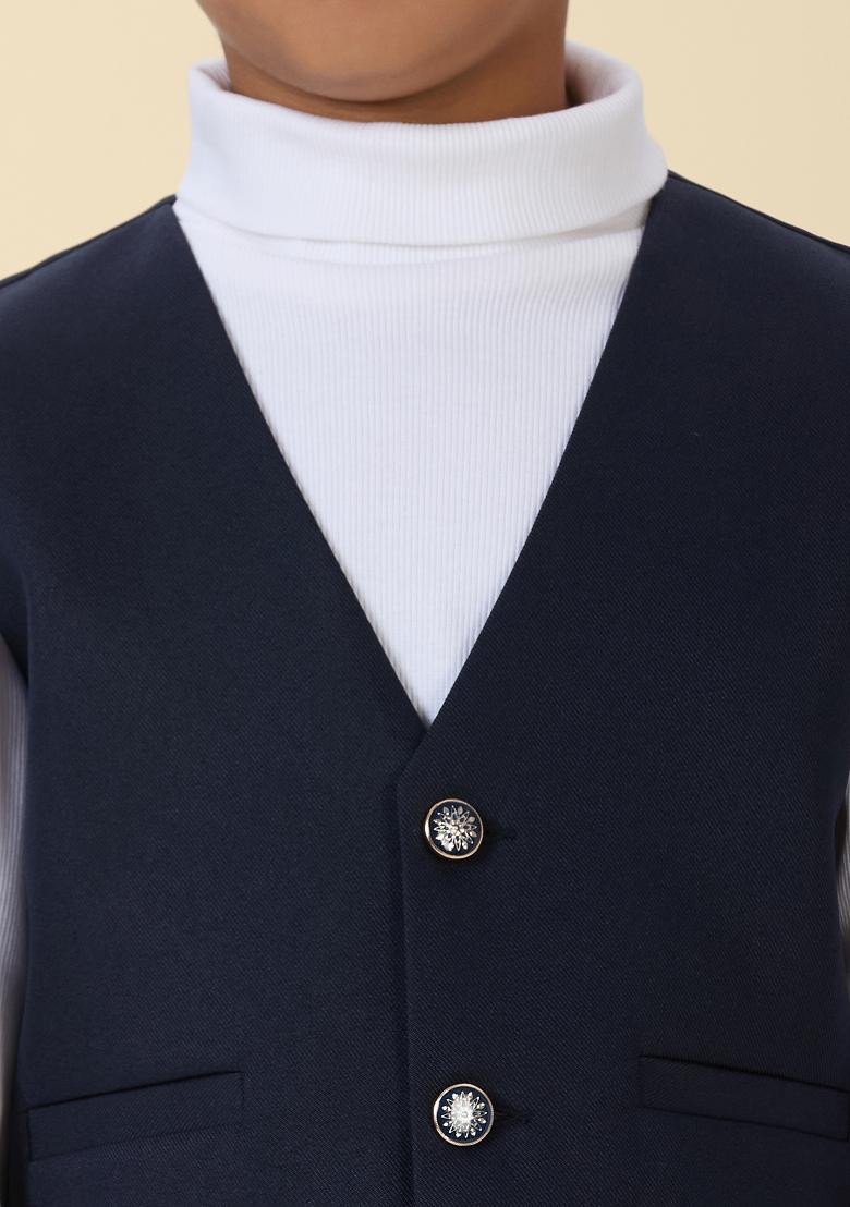 Navy Blue Solid Poly Cotton Blazer For Boy