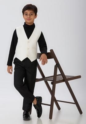 Off White Solid Poly Cotton Blazer For Boy
