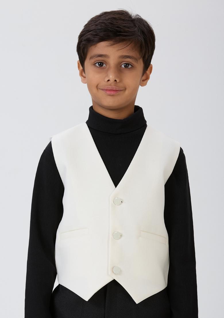 Off White Solid Poly Cotton Blazer For Boy