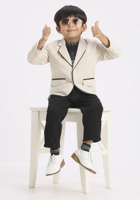 Cream Printed Lycra Suit Set For Boy