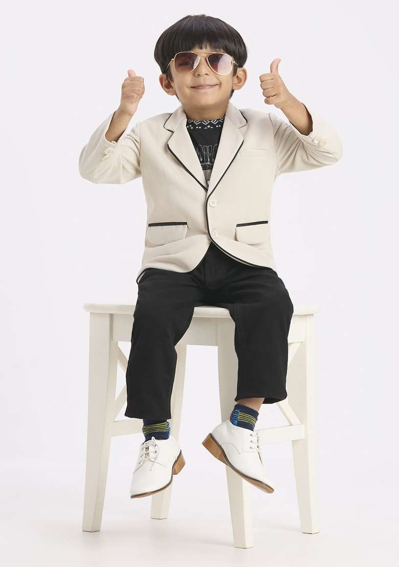 Cream Printed Lycra Suit Set For Boy - Indya