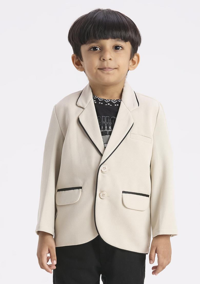 Cream Printed Lycra Suit Set For Boy