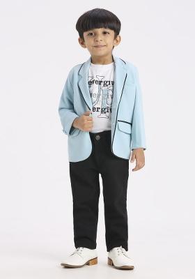 Teal Blue Printed Lycra Suit Set For Boy