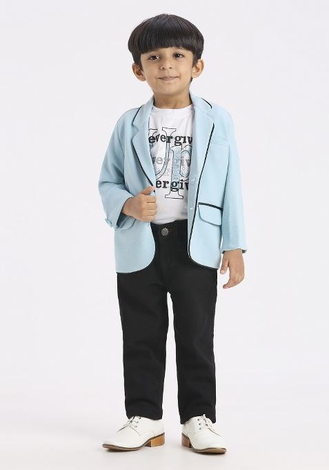 Teal Blue Printed Lycra Suit Set For Boy