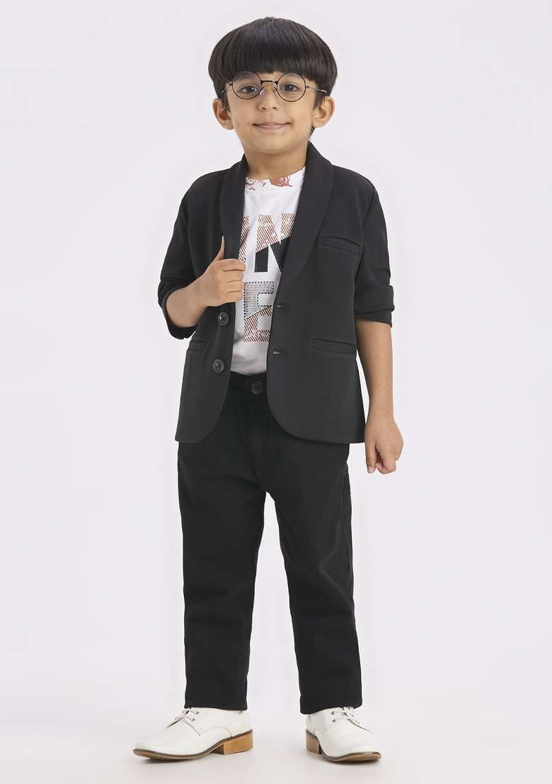 Black Printed Lycra Suit Set For Boy - Indya