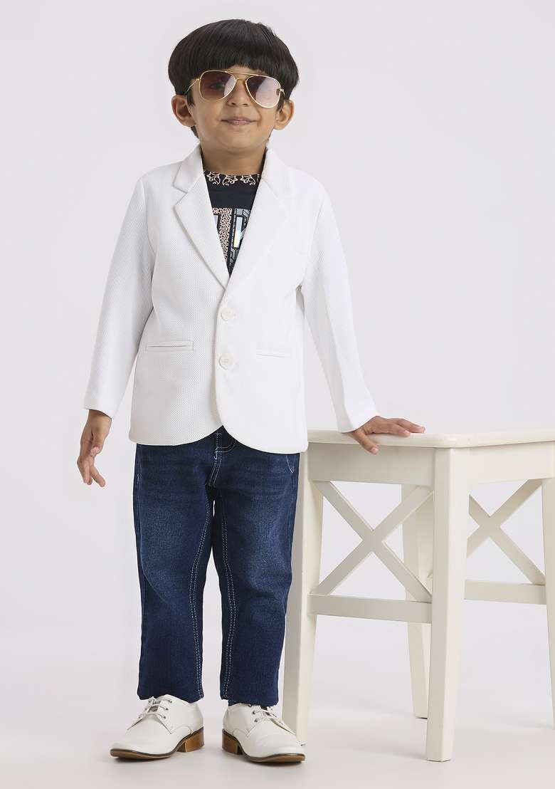 White Printed Lycra Suit Set For Boy - Indya